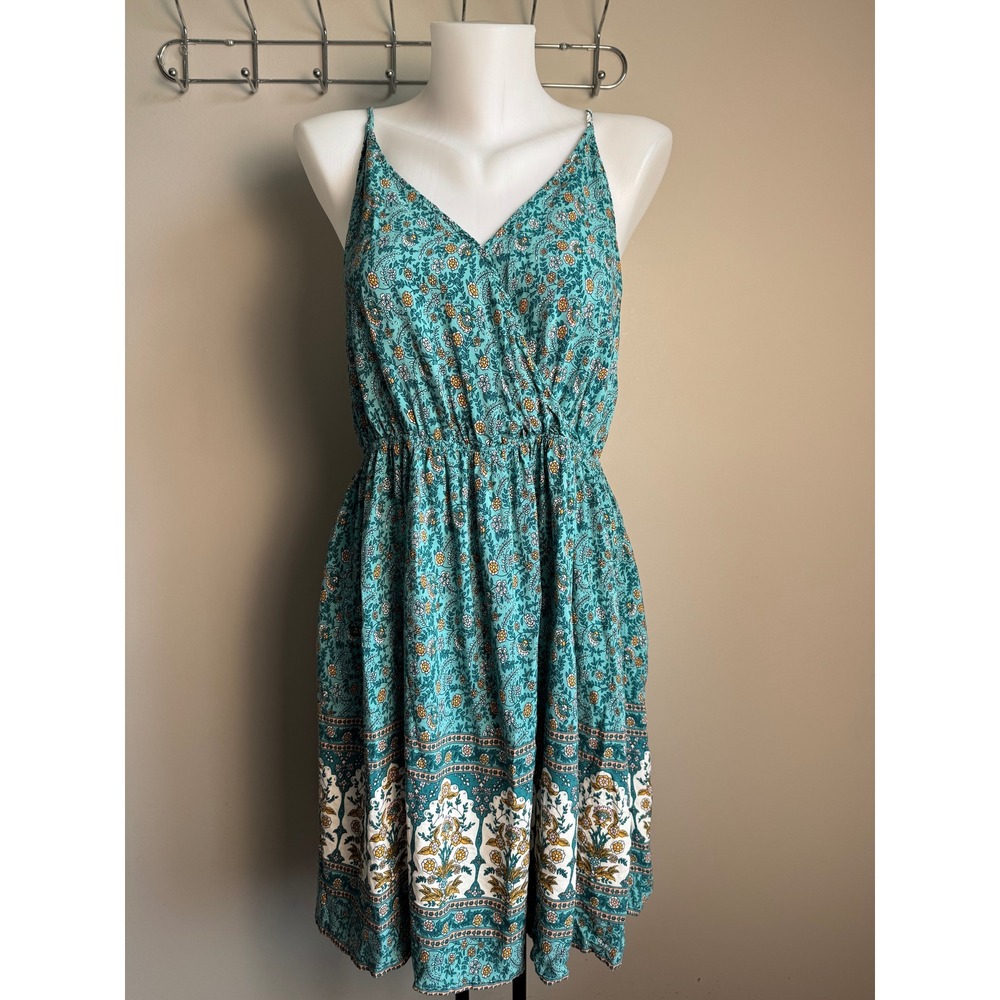 Floral Surplice Neck Cami Dress XL Teal Multi Boho Cottagecore Festival Beach